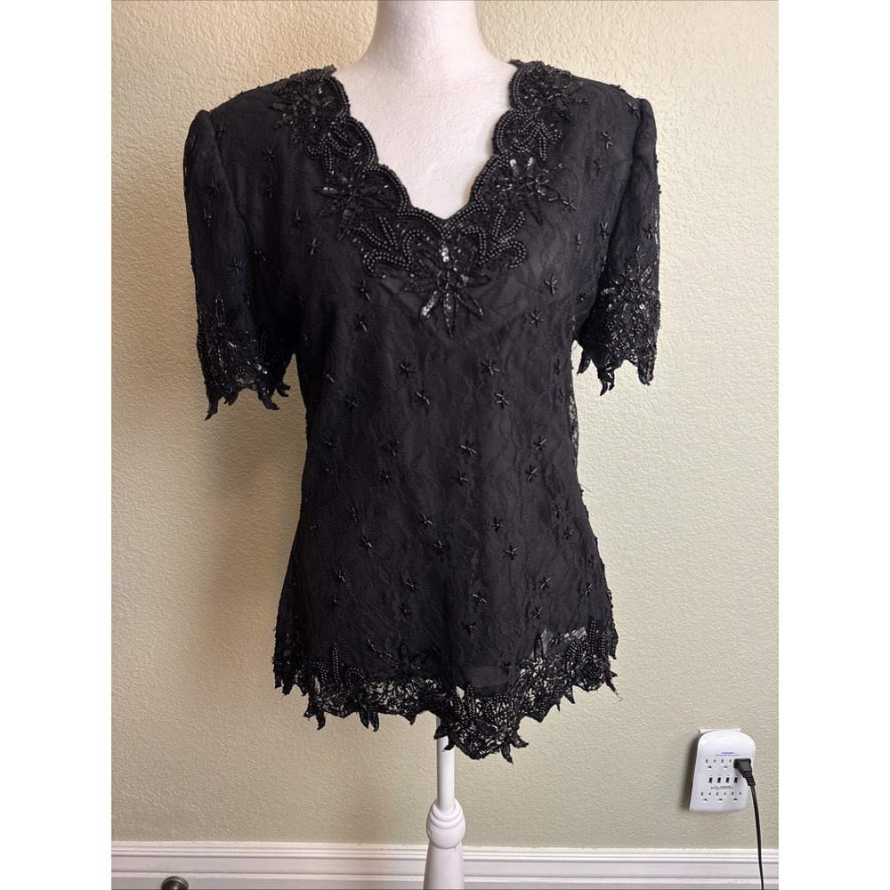 Brilliante by JA Women's Top Formal Black‎ Beaded Size M Blouse Back Zip VTG